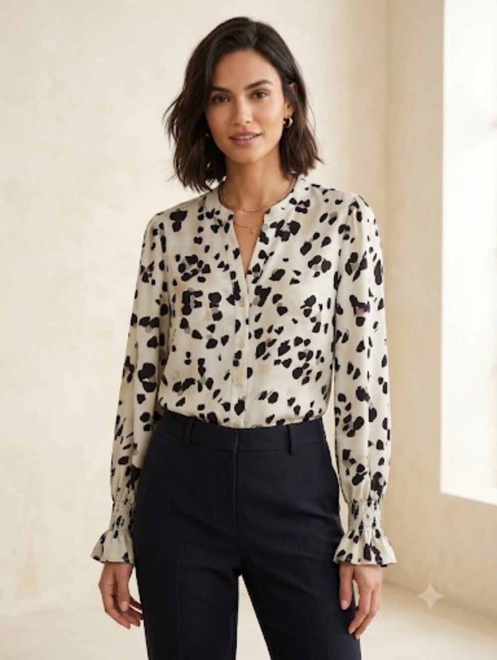 DKNY Cream and Black Absract-Print Button Blouse